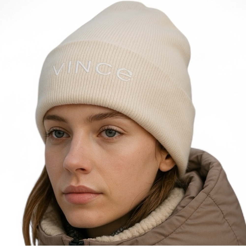 VINCE Wool/Cashmere Rib Knit Beanie Embroidered Logo Cuff One Size New